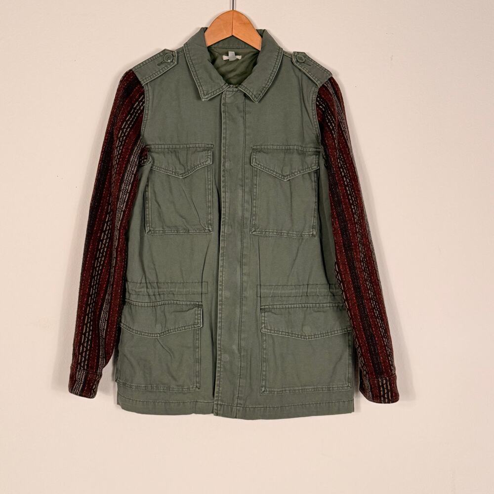 Ecote Olive Utility Jacket with Patterned Wool Blend Sleeves Size M